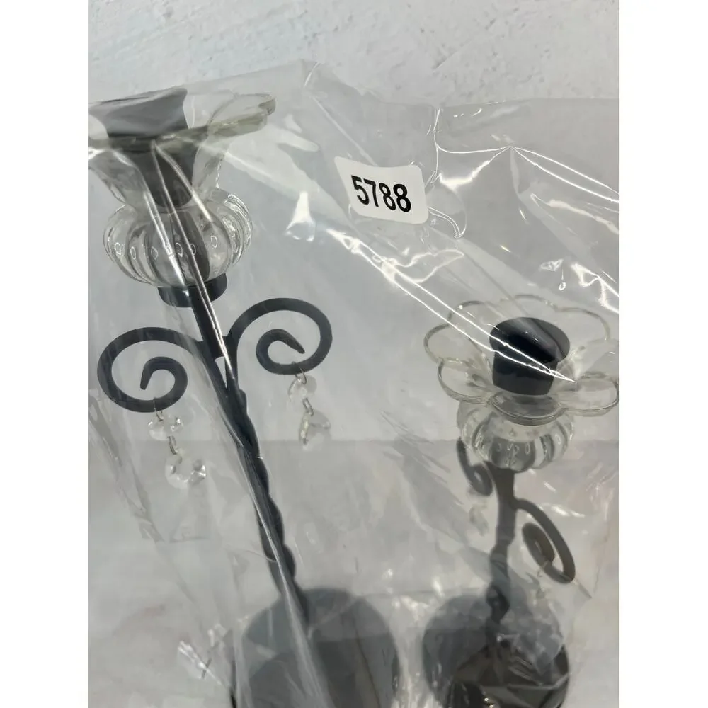 Wrought Iron Scroll‎ Candle Holders Glass Ornate Decorative Pair
